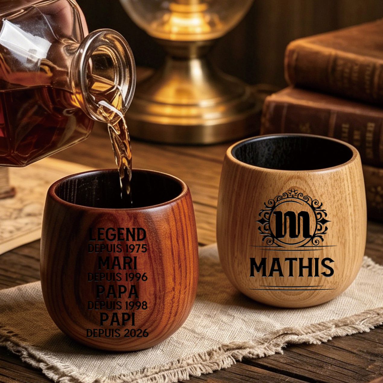 Verre à Whisky en Bois Personnalisé pour Papa ou Papi, Gravé avec Prénom et Lettre