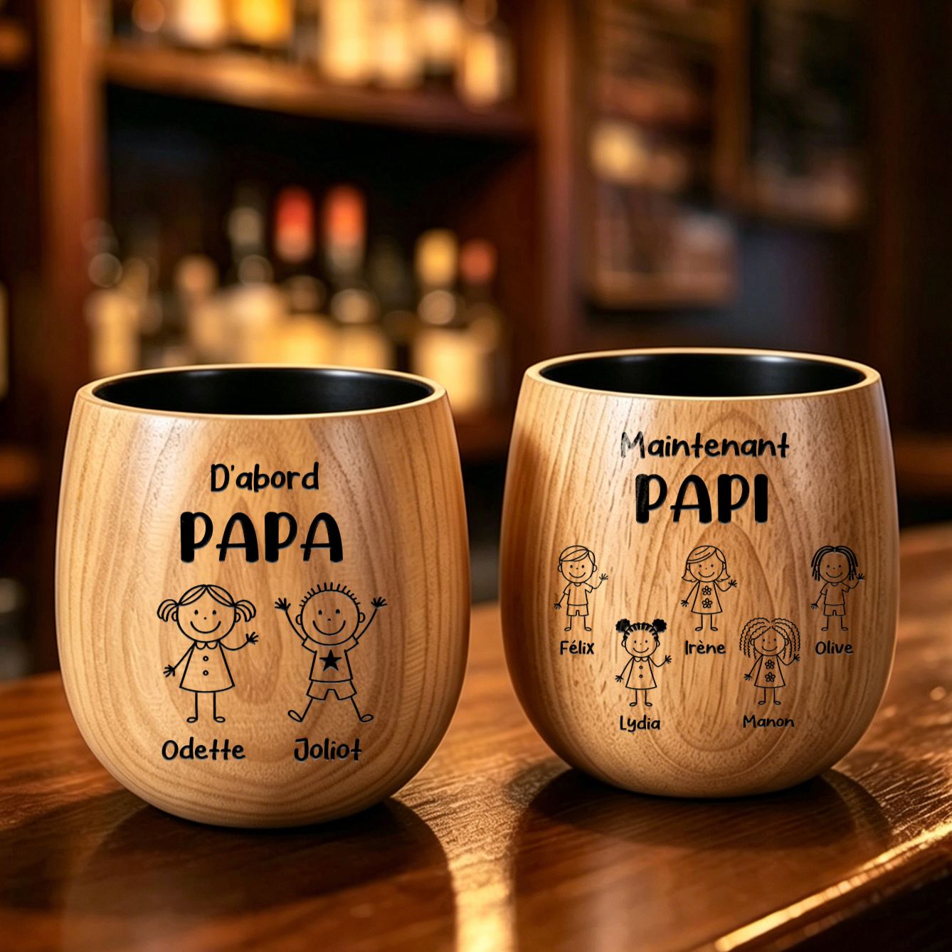 Verre à Whisky en Bois Personnalisé pour Papa ou Papi – 2 à 16 Enfants et Prénoms