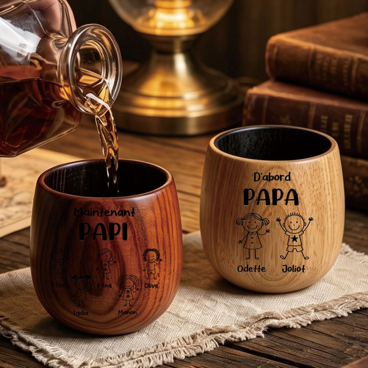 Verre à Whisky en Bois Personnalisé pour Papa ou Papi – 2 à 16 Enfants et Prénoms