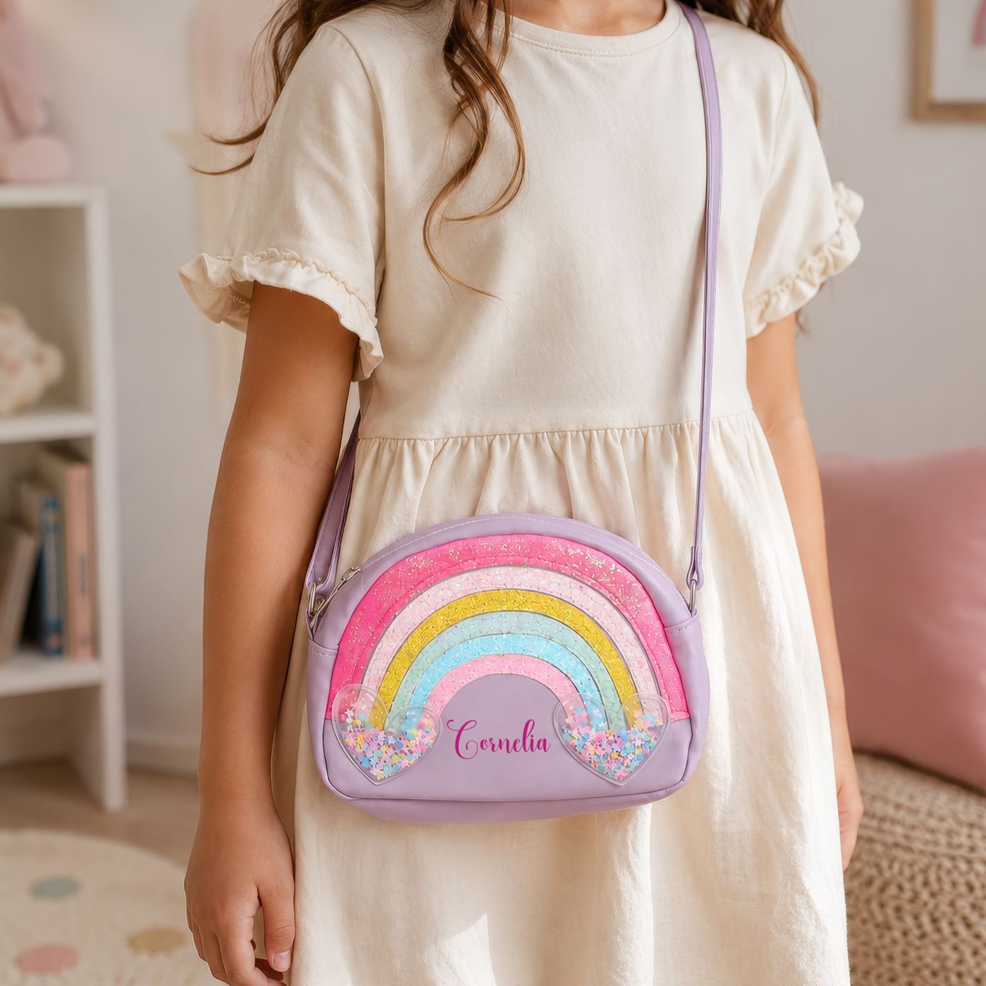 Sac bandoulière arc-en-ciel pailleté personnalisé avec prénom pour filles