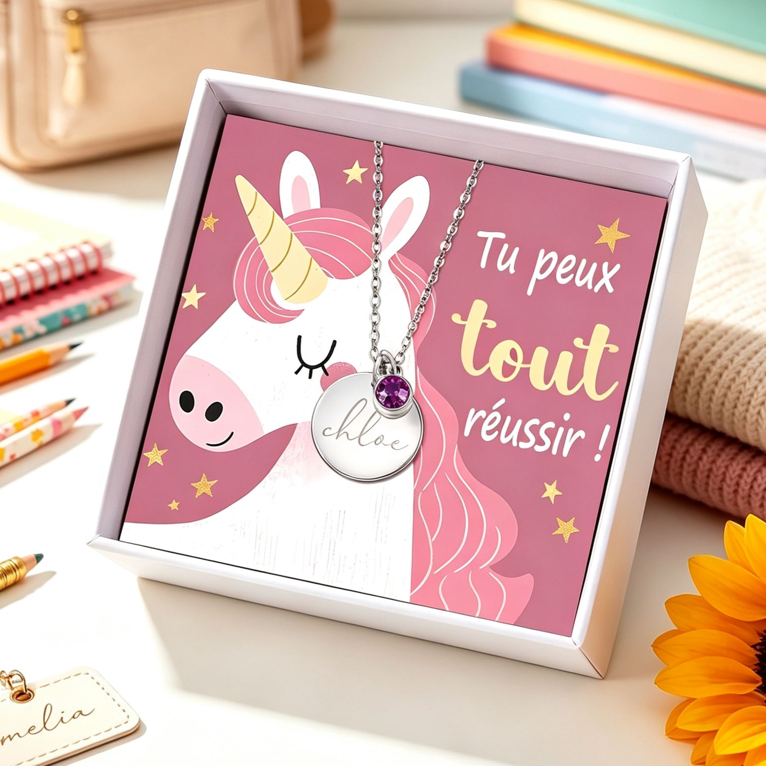 Collier Pour la rentrée scolaire, gravure du prénom avec pierre de naissance – boîte cadeau avec carte licorne