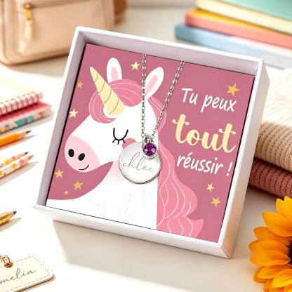 Collier Pour la rentrée scolaire, gravure du prénom avec pierre de naissance – boîte cadeau avec carte licorne