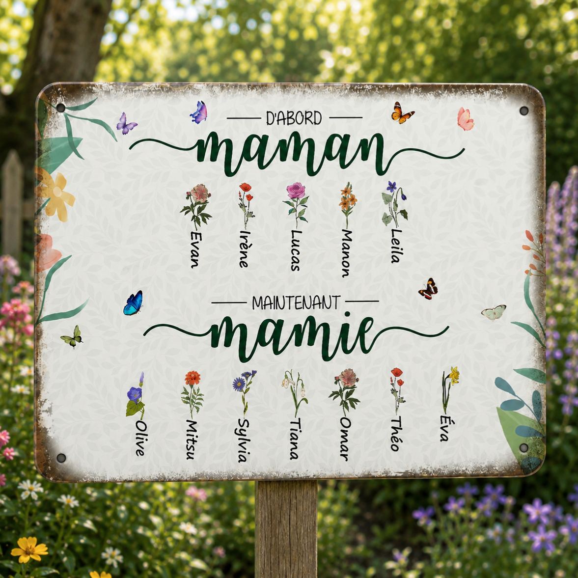 Plaque en Métal Personnalisée avec Prénoms et Fleurs de Naissance « D’abord Maman, maintenant Mamie »