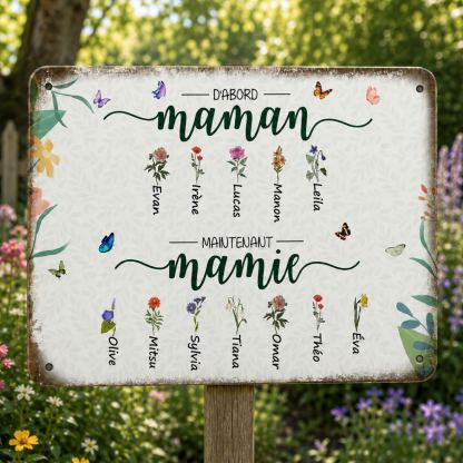 Plaque en Métal Personnalisée avec Prénoms et Fleurs de Naissance « D’abord Maman, maintenant Mamie »