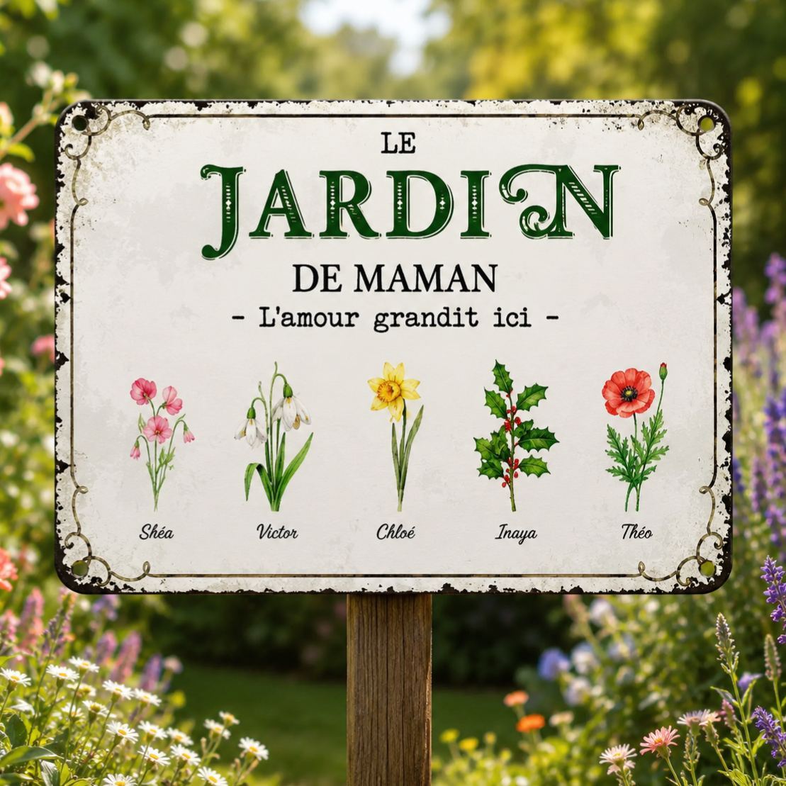 Plaque Métal Personnalisée avec 1-7 Prénoms et Fleurs de Naissance – Décoration Murale Jardin