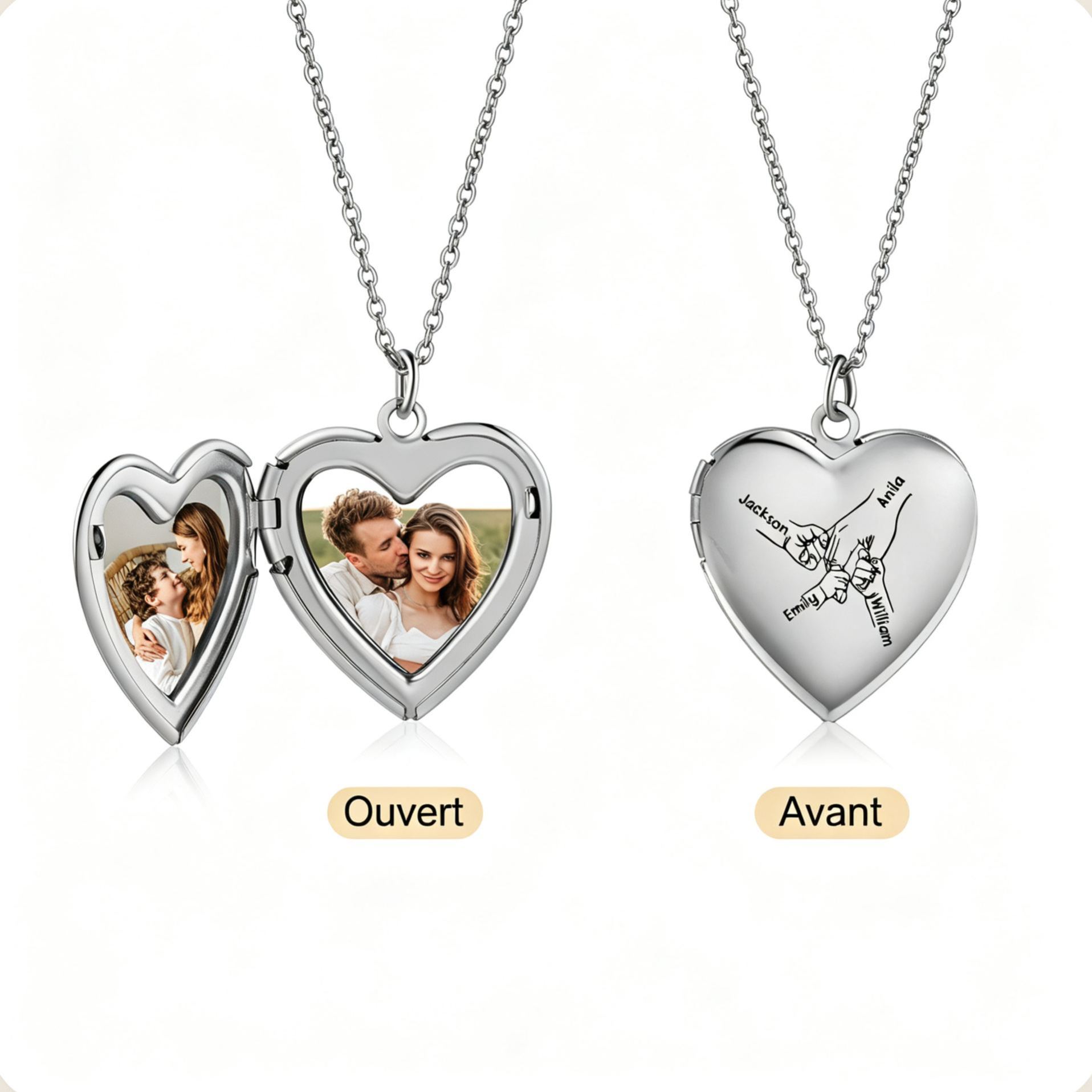 Collier Médaillon Cœur Personnalisé avec 2 Photos et 2 à 8 Prénoms Gravés – Bijou Souvenir Famille