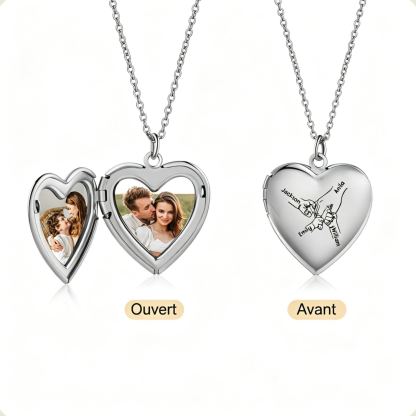 Collier Médaillon Cœur Personnalisé avec 2 Photos et 2 à 8 Prénoms Gravés – Bijou Souvenir Famille