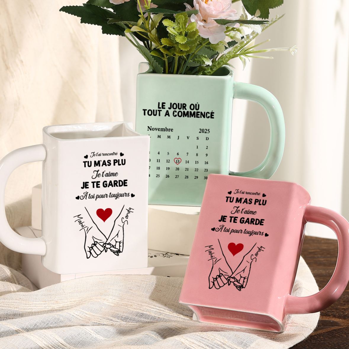 Vase Livre en Céramique Personnalisé avec 2 Prénoms et une Date pour Couple