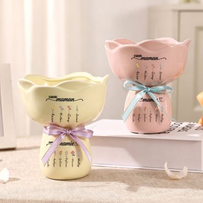 Vase Personnalisé en forme de Bouquet avec 2–12 Prénoms et Fleurs de Naissance pour Maman ou Mamie