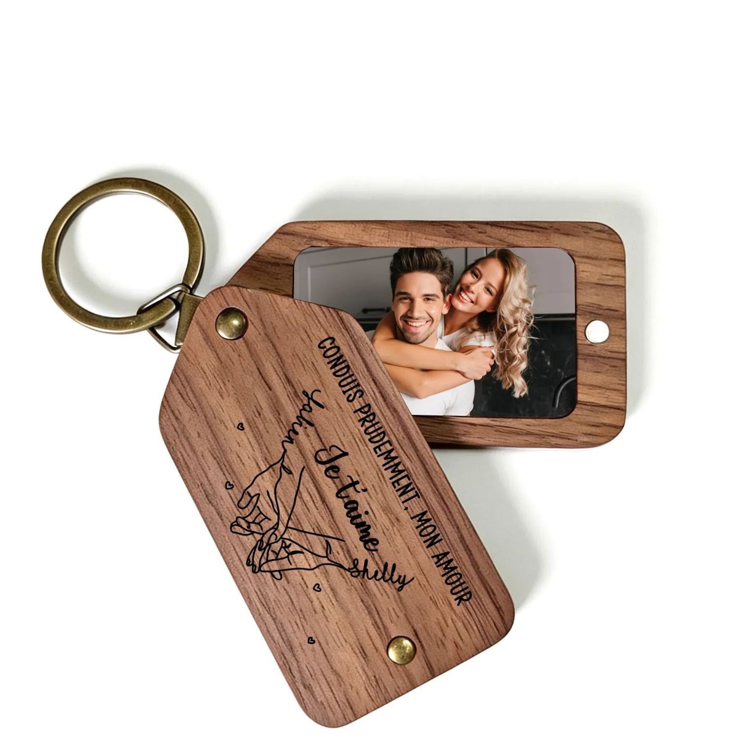 Porte-Clés Photo Personnalisé en Bois avec Promesse du Petit Doigt et 2 Photos