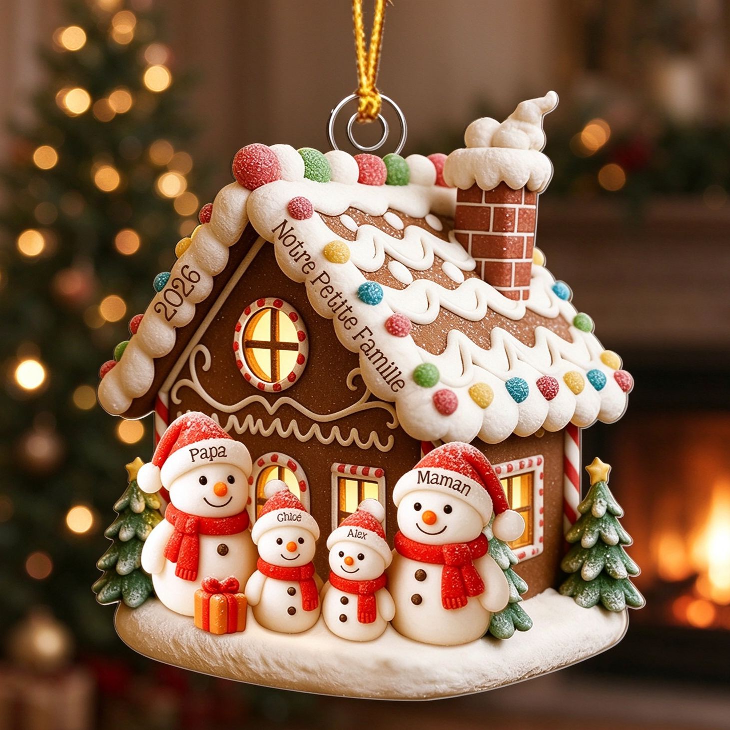 Décoration sapin Noël familiale personnalisée maison en pain d'épices et bonhomme de neige avec 1 à 6 prénoms