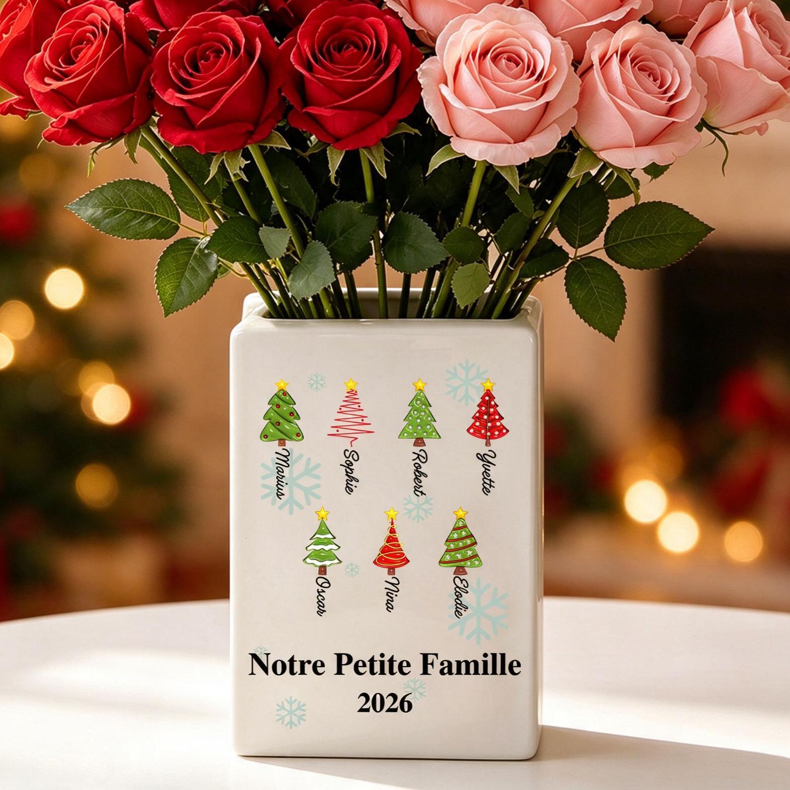 Vase Livre Personnalisé avec Prénoms et motifs de Sapins de Noël, Cadeau de Noël pour Maman ou Mamie