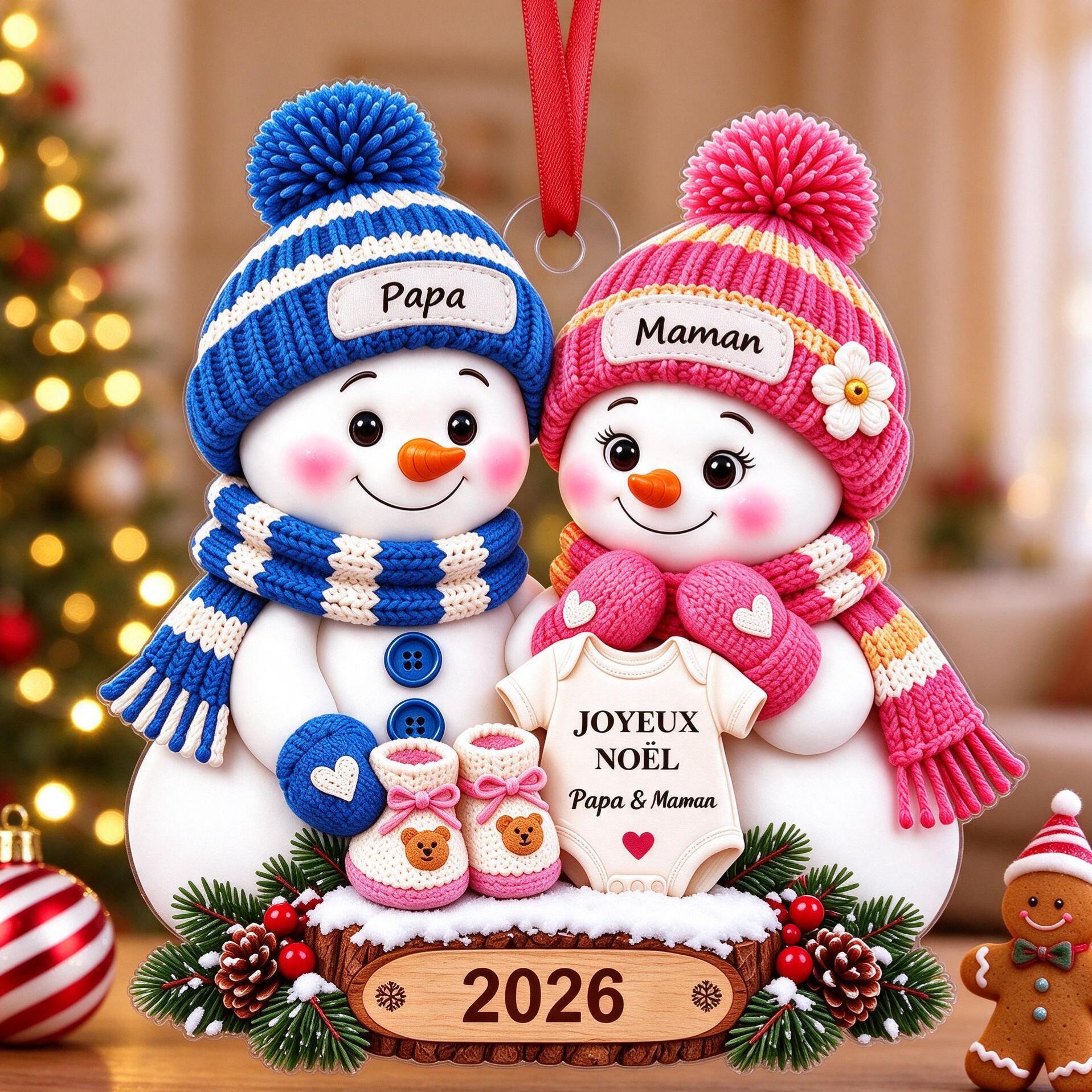 Ornement de Noël Personnalisée avec 2 Bonshommes de Neige, Prénoms et année, Cadeau pour Futurs Parents