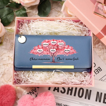 Portefeuille Personnalisé Femme avec 1 à 6 Prénoms et un motif d'Arbre de Vie Rose