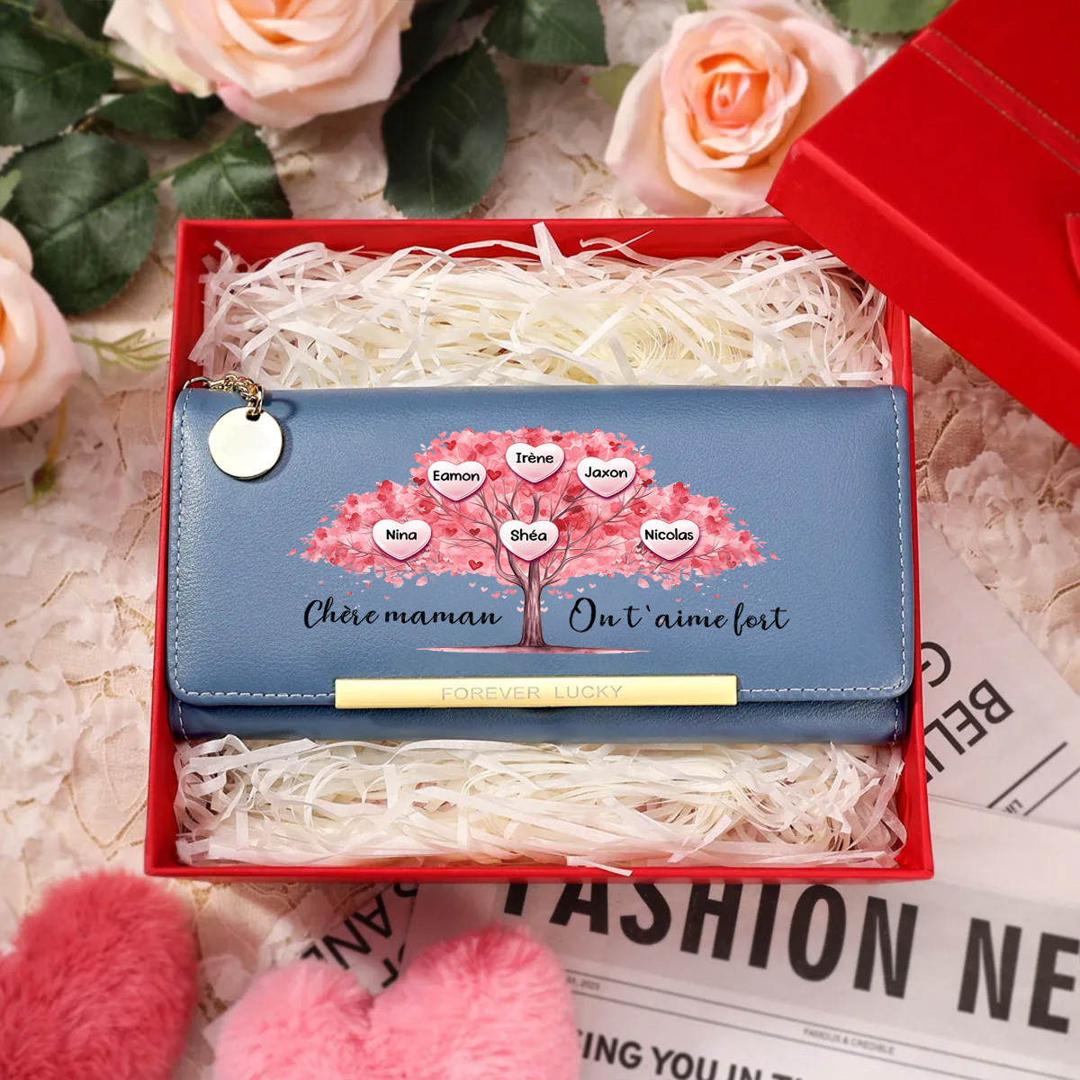 Portefeuille Personnalisé Femme avec 1 à 6 Prénoms et un motif d'Arbre de Vie Rose