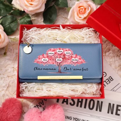 Portefeuille Personnalisé Femme avec 1 à 6 Prénoms et un motif d'Arbre de Vie Rose