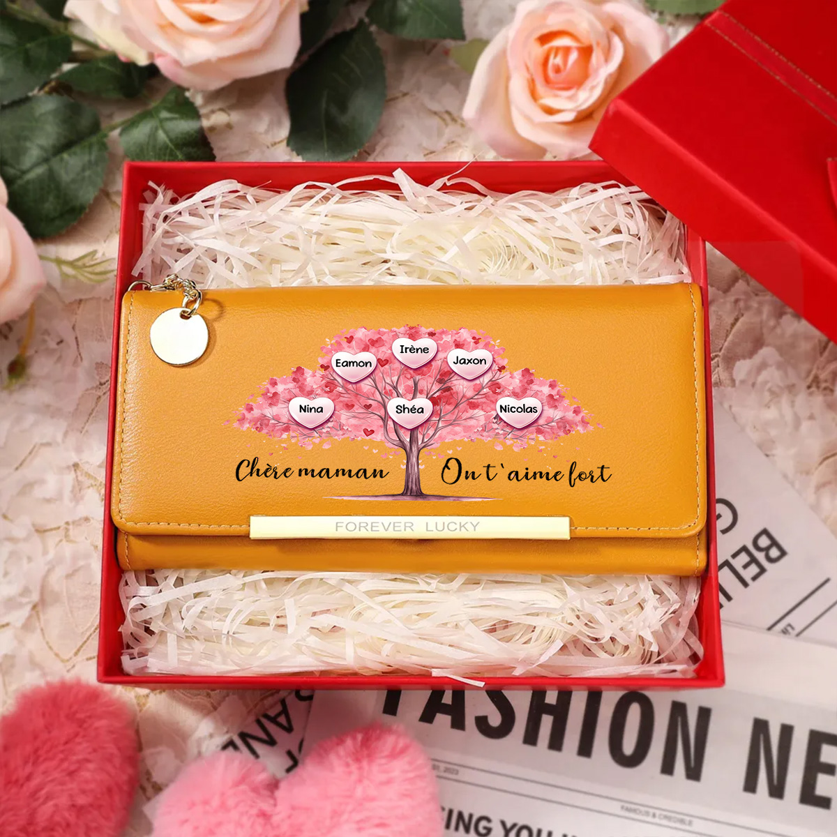 Portefeuille Personnalisé Femme avec 1 à 6 Prénoms et un motif d'Arbre de Vie Rose