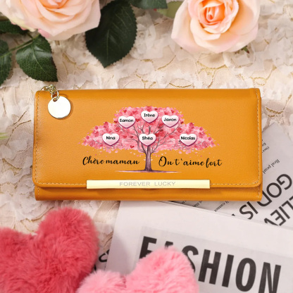 Portefeuille Personnalisé Femme avec 1 à 6 Prénoms et un motif d'Arbre de Vie Rose