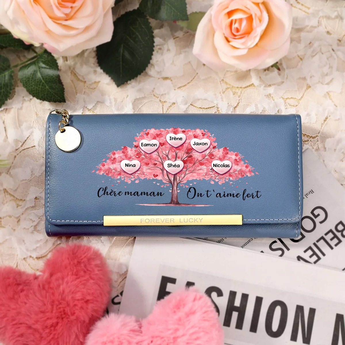 Portefeuille Personnalisé Femme avec 1 à 6 Prénoms et un motif d'Arbre de Vie Rose