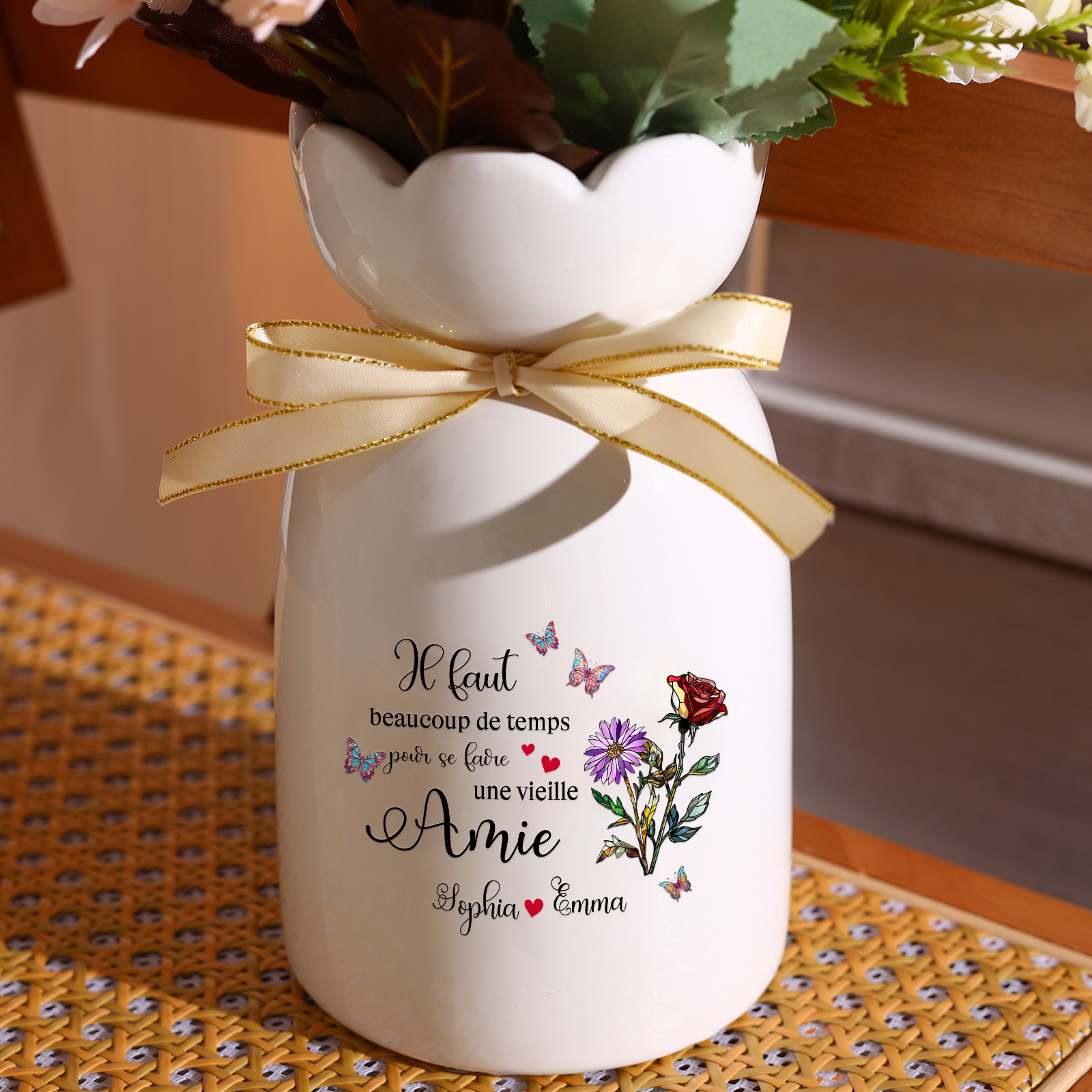 À Meilleure Amie - Vase Personnalisé 2 Prénoms et Fleurs de Naissance en Céramique  Cadeau pour Sœur ou Amie | Jessemade