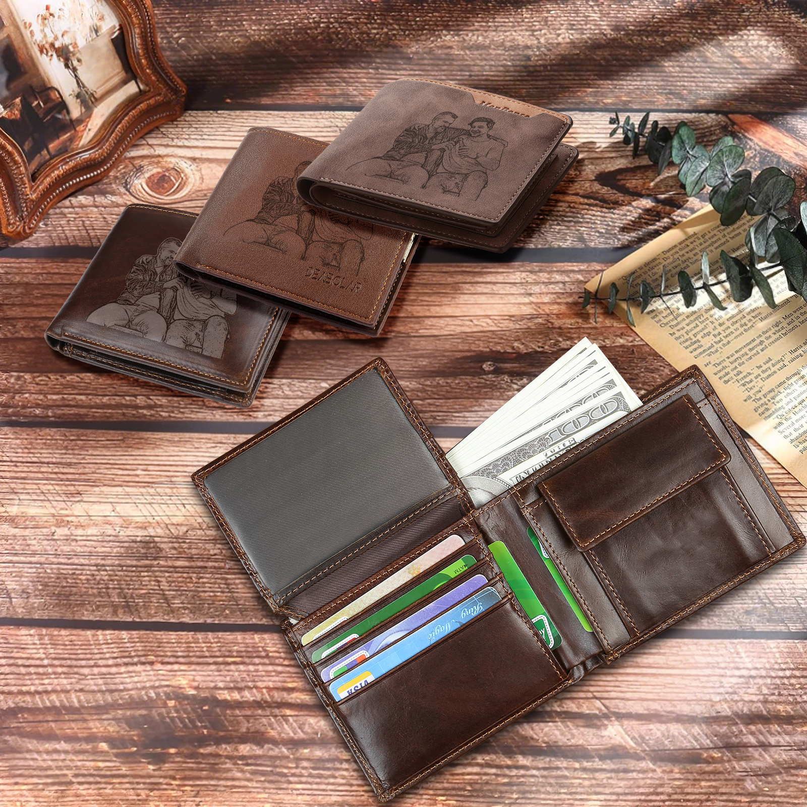 Portefeuille Personnalisé Homme en Cuir Véritable Gravé Photo