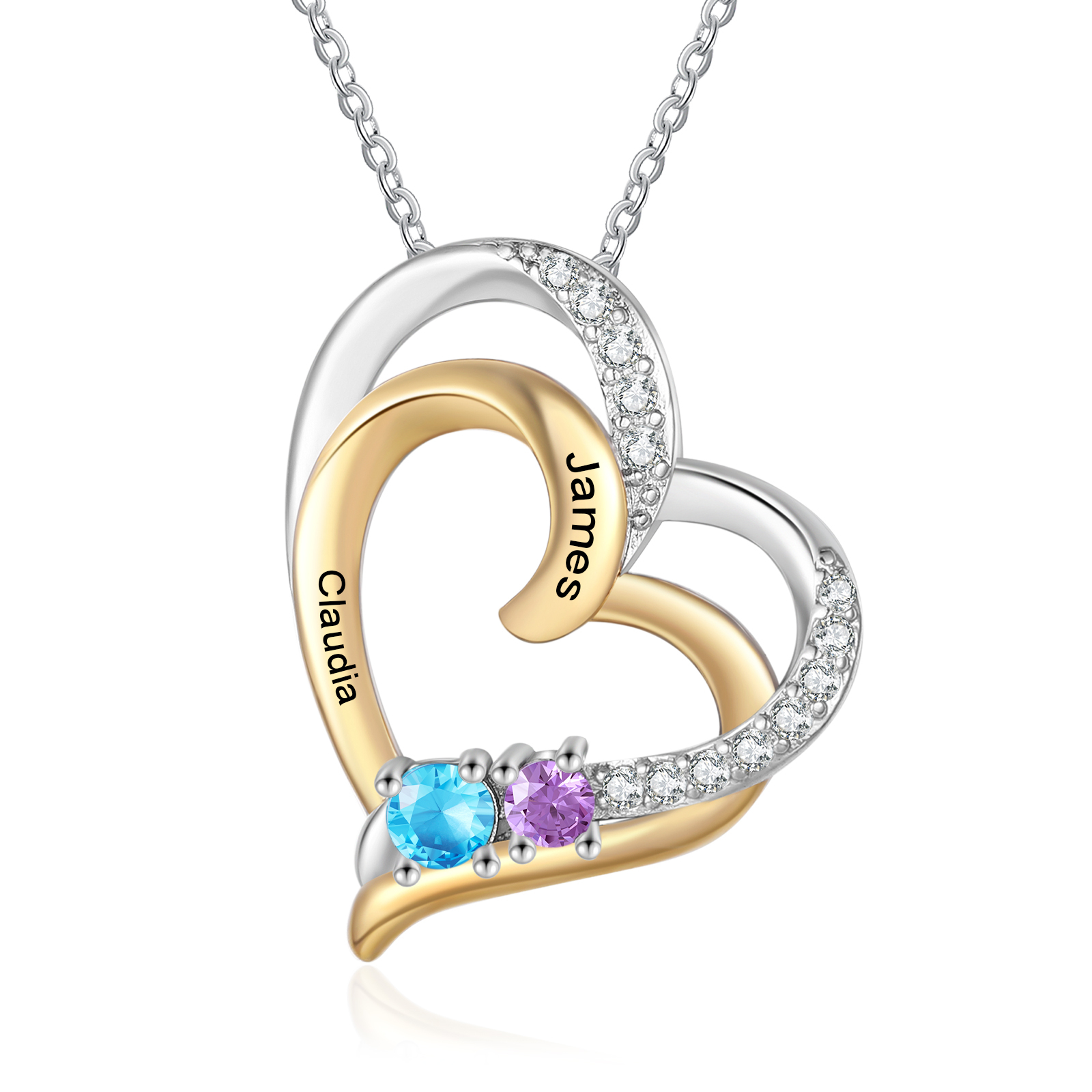 Collier cœur personnalisé avec 2 à 4 prénoms et pierre de naissance, cadeau pour elle | Jessemade
