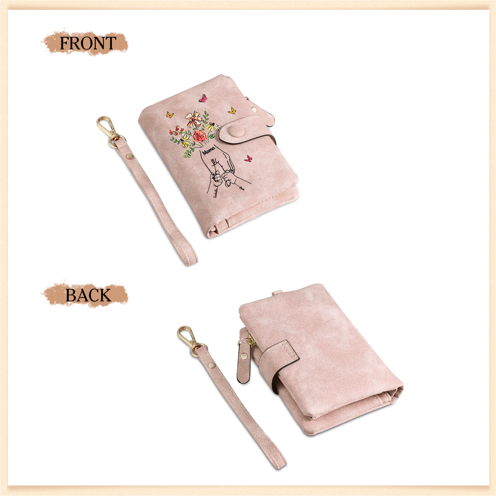 Portefeuille Personnalisé avec des fleurs et un motif main dans la main, ainsi que 3 à 6 prénoms – pour Maman/Mamie