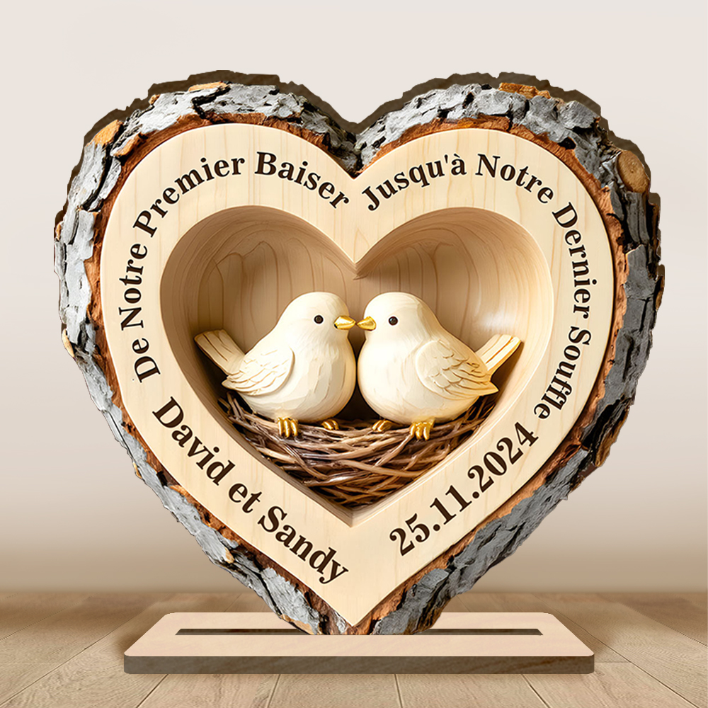 Cadeau personnalisé coeur en bois avec oiseaux personnalisable 2 noms 1 date anniversaire de mariage Saint Valentin pour couple | Jessemade