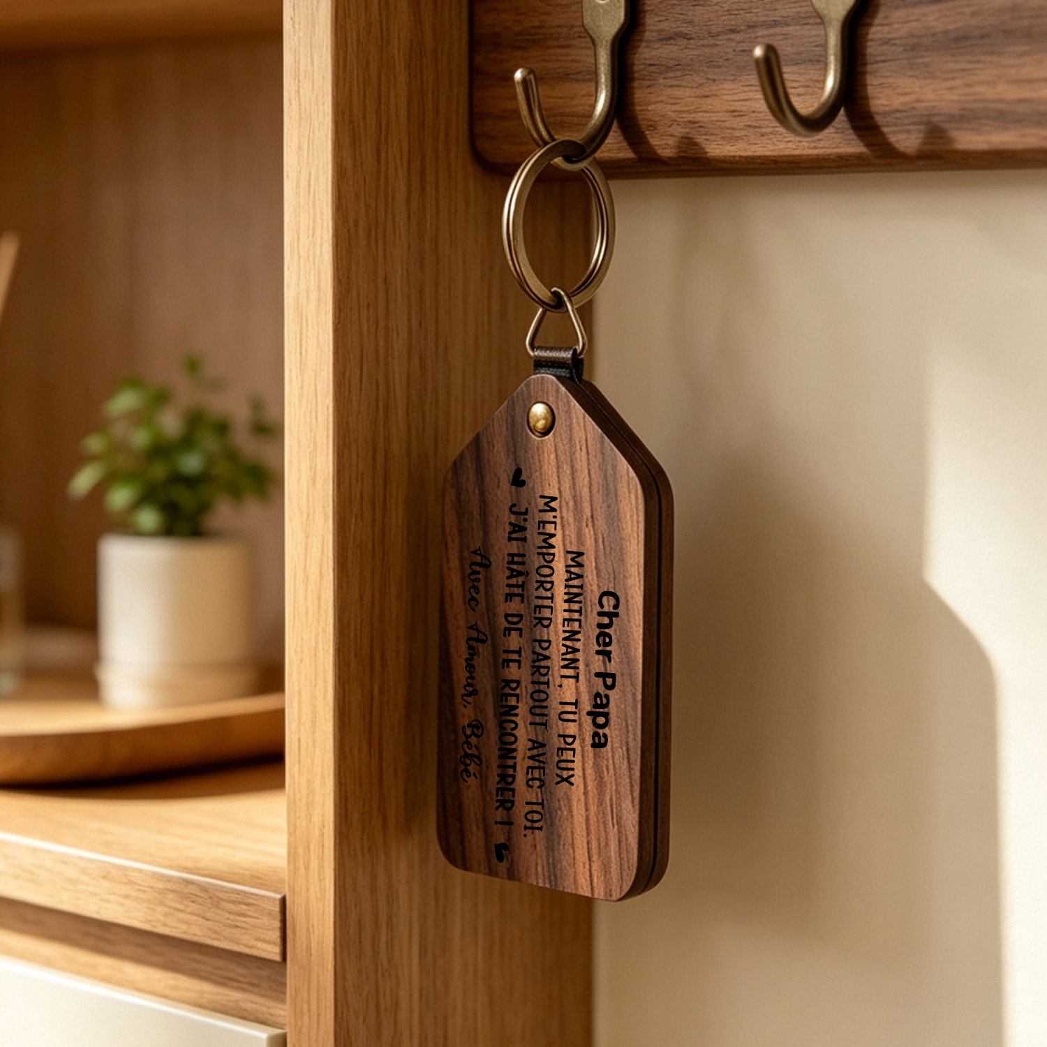 Porte-Clés Photo Personnalisé en Bois pour Nouveaux Papa et Maman
