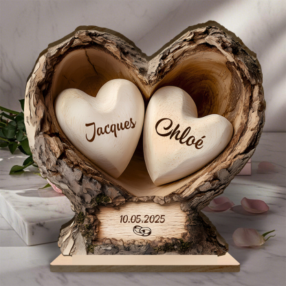 Plaque en Bois Personnalisé Tronc en Cœur avec Base Stable pour Couple