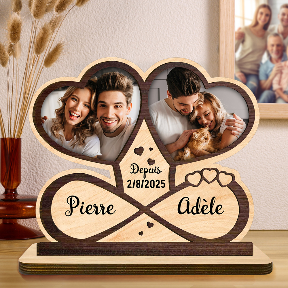 Plaque en bois en forme de cœur personnalisée, cadre photo cœur infini déco, cadeau personnalisé pour anniversaire, mariage, Saint-Valentin, décoration intérieure pour couples et amoureux | Jessemade