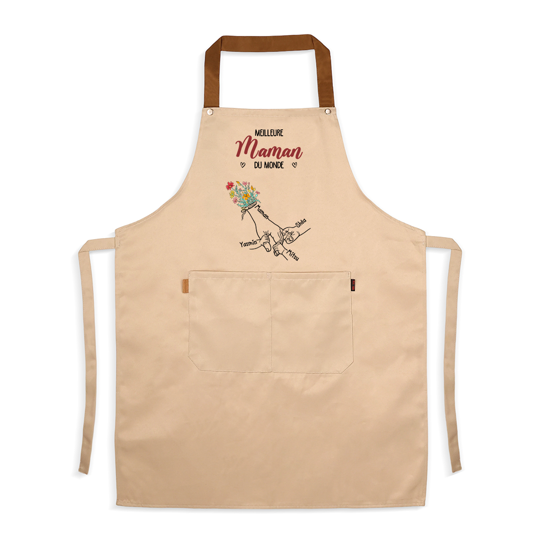 Tablier de Cuisine Personnalisé avec motif de mains et 2 à 7 Prénoms, cadeau pour Maman ou Mamie