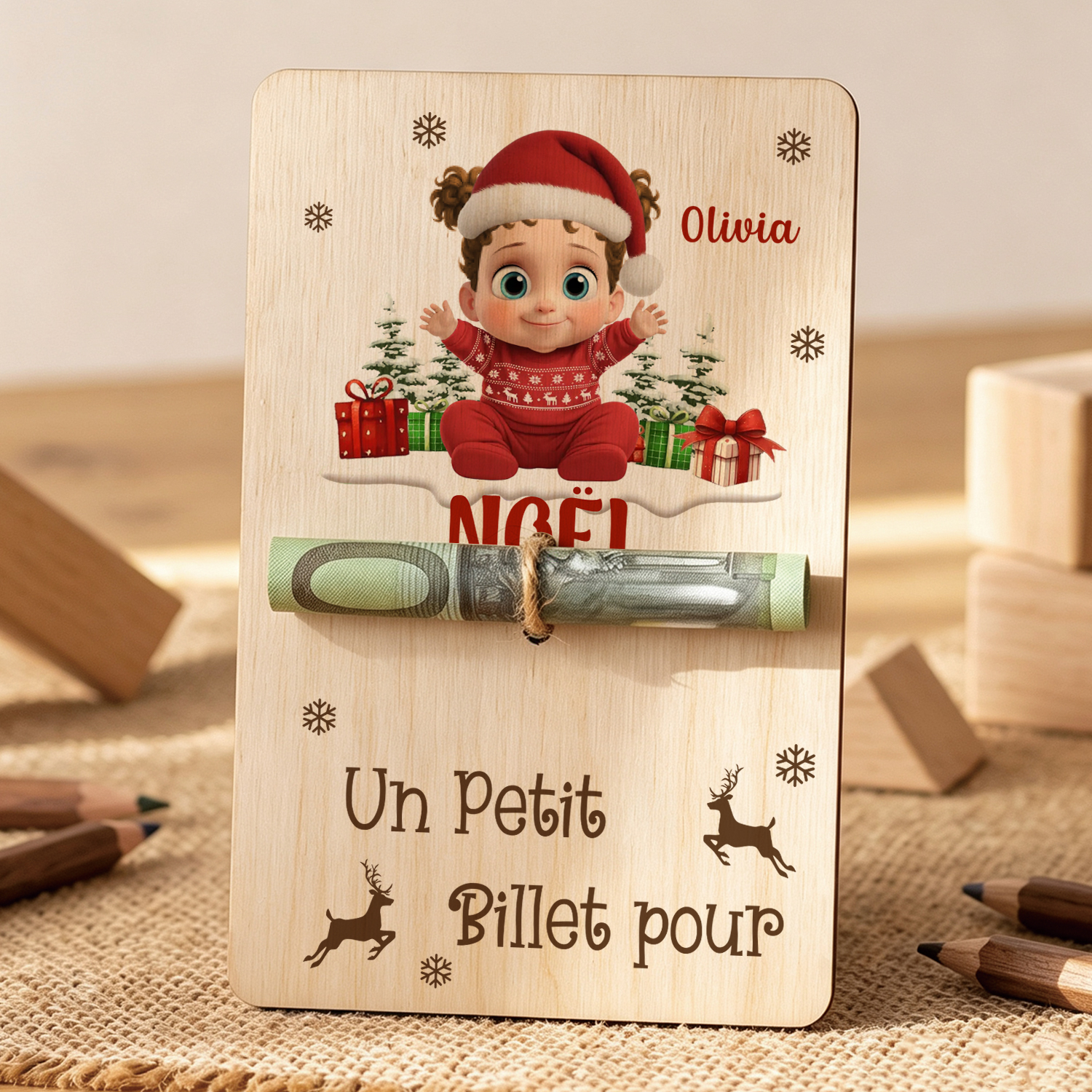 Porte-Billet en Bois Personnalisé avec Prénom pour offrir de l’argent à Noël aux enfants