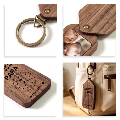 Porte-Clés en Bois Personnalisé avec Photo et Date pour Papa/Papi
