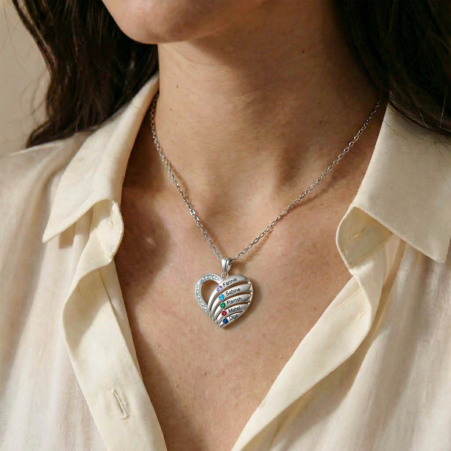 Collier Cœur Personnalisé avec Pierres de naissance, personnalisable avec 3 à 5 Prénoms et Pierres