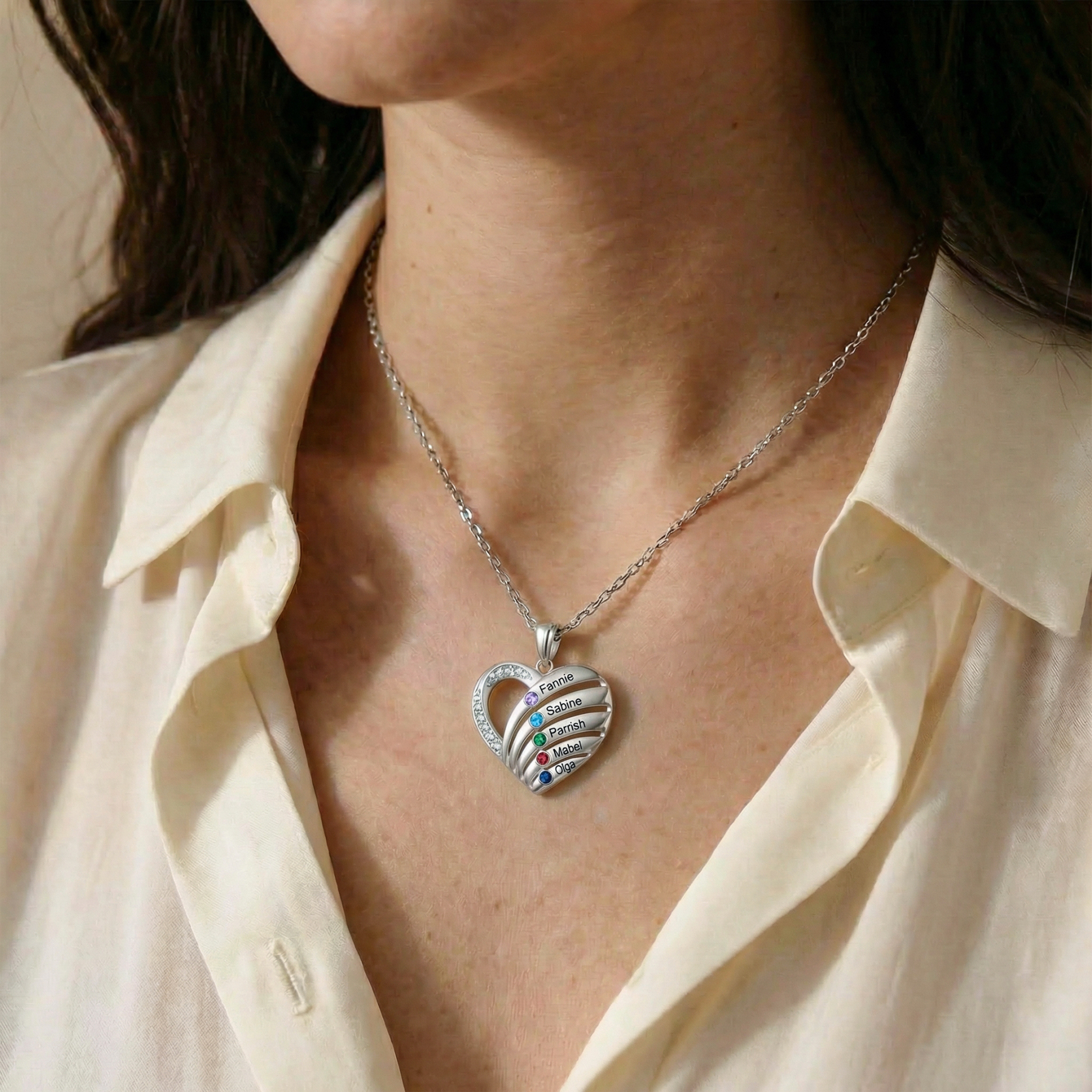 Collier Cœur Personnalisé avec Pierres de naissance, personnalisable avec 3 à 5 Prénoms et Pierres