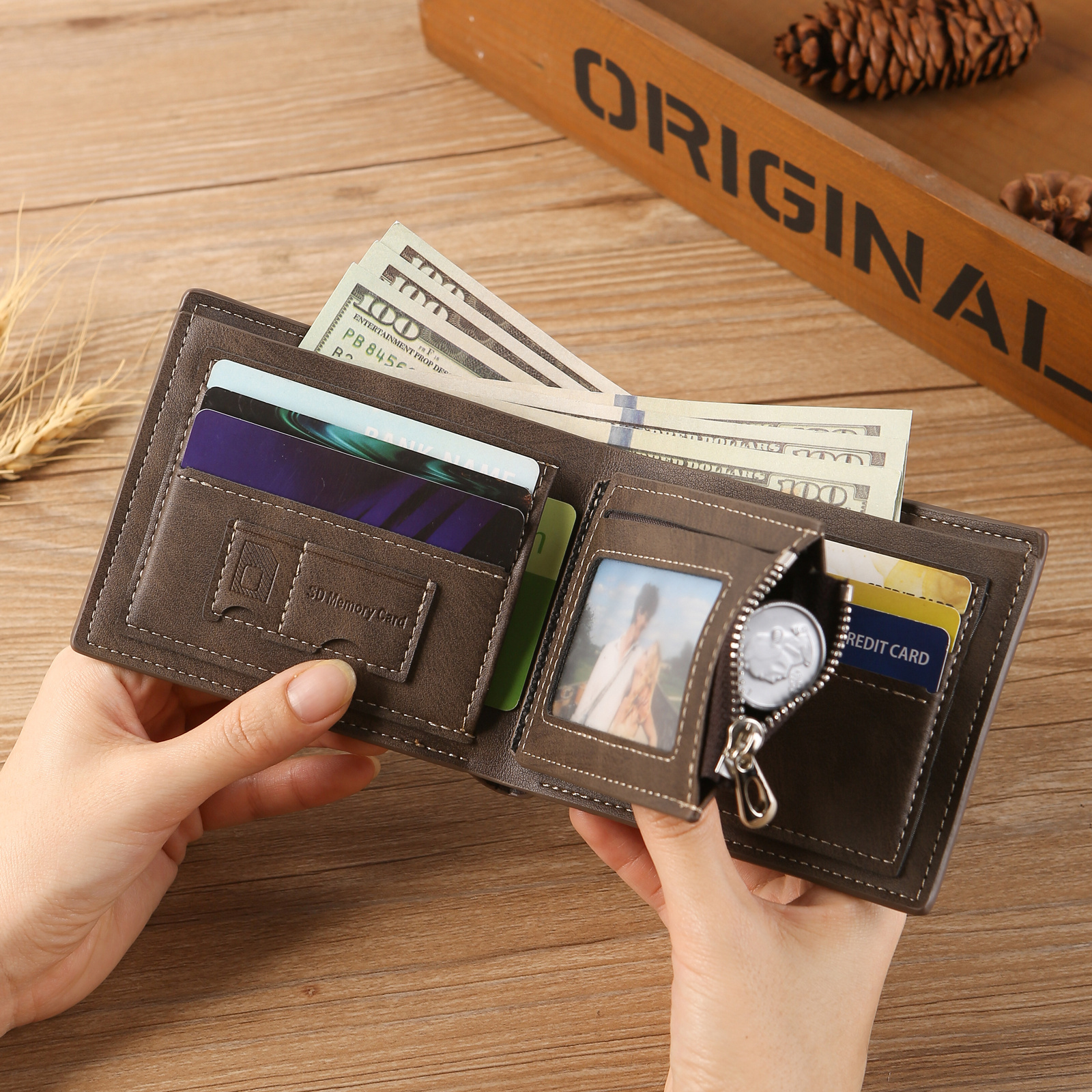 Portefeuille Vintage Personnalisé pour Homme – Gravure Photo et Nom, Cuir PU avec Poche Zippée