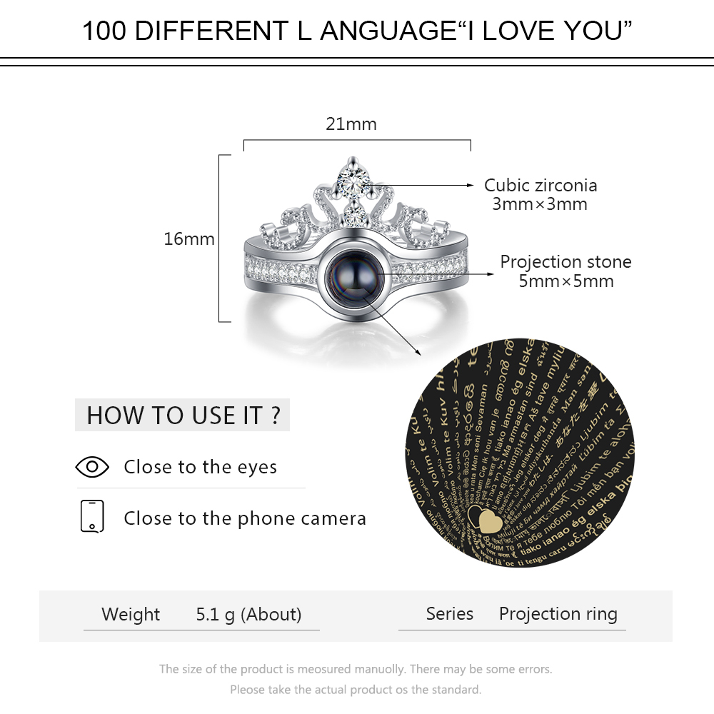 100 langues "Je t'aime" Bague Couronne Projection de Pierres Photo Personnalisée | Jessemade