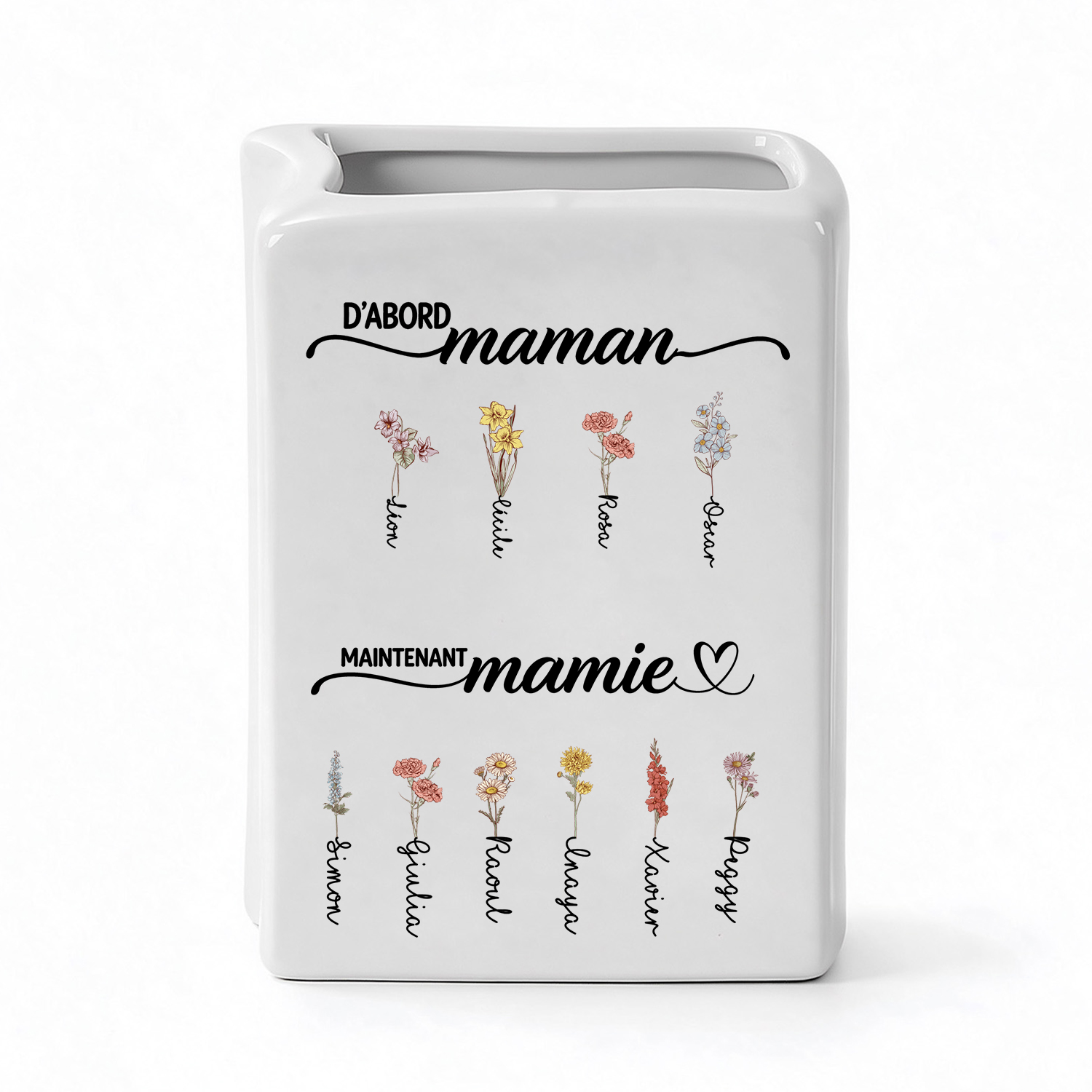 Vase Livre en Céramique Personnalisé pour Maman ou Mamie avec 2 à 12 Prénoms et Fleurs de Naissance