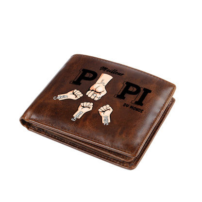 Portefeuille Personnalisé en Cuir Véritable avec Prénoms – Meilleur Papi/Papa du Monde