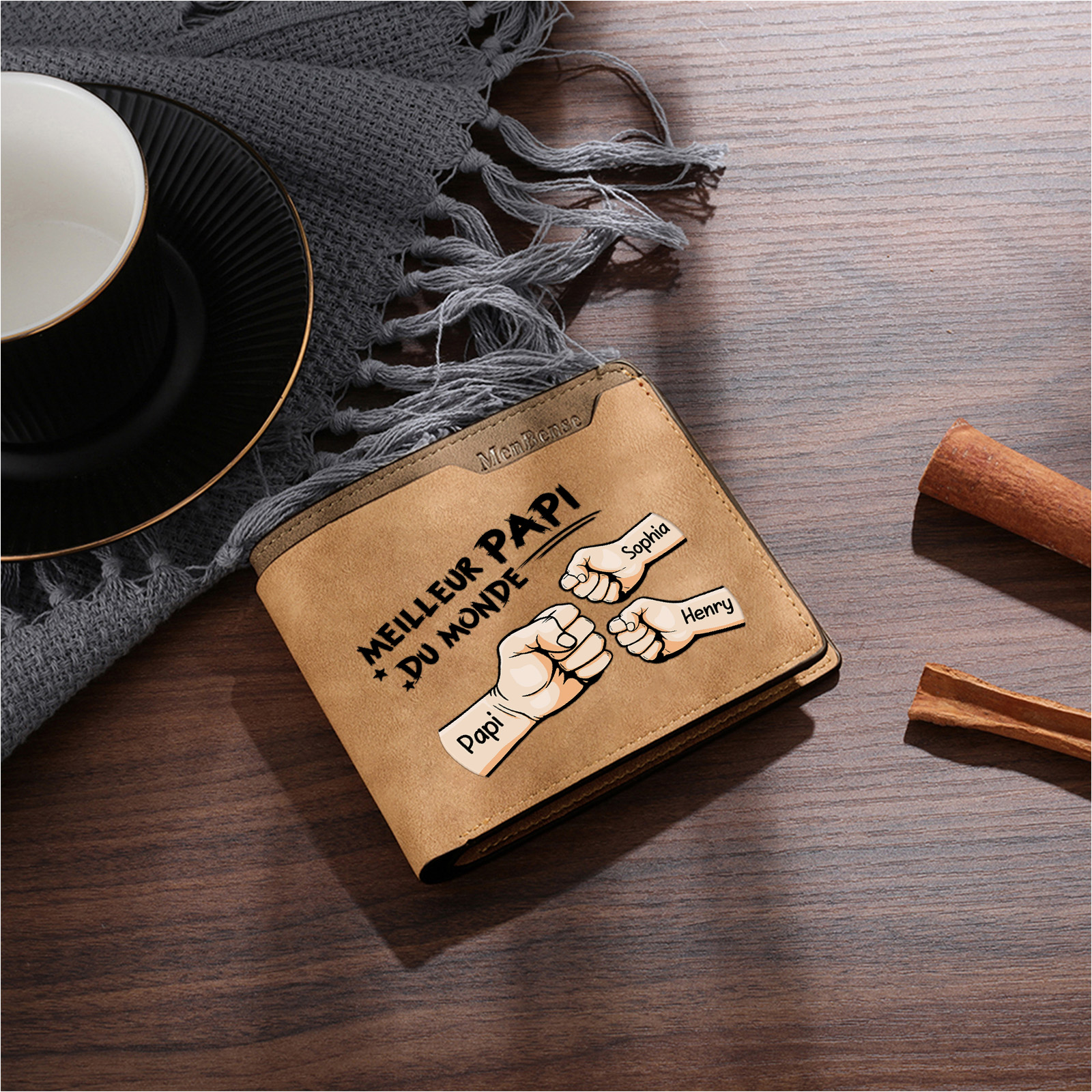 À mon Meilleur Papi - Portefeuille Homme Personnalisé 2 à 7 Prénoms et Poings | Cadeau Fête des Grands-pères | Jessemade