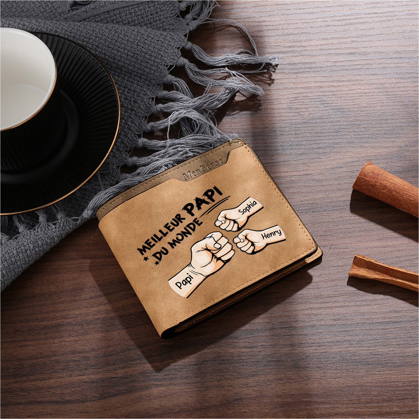 À mon Meilleur Papi - Portefeuille Homme Personnalisé 2 à 7 Prénoms et Poings | Cadeau Fête des Grands-pères | Jessemade