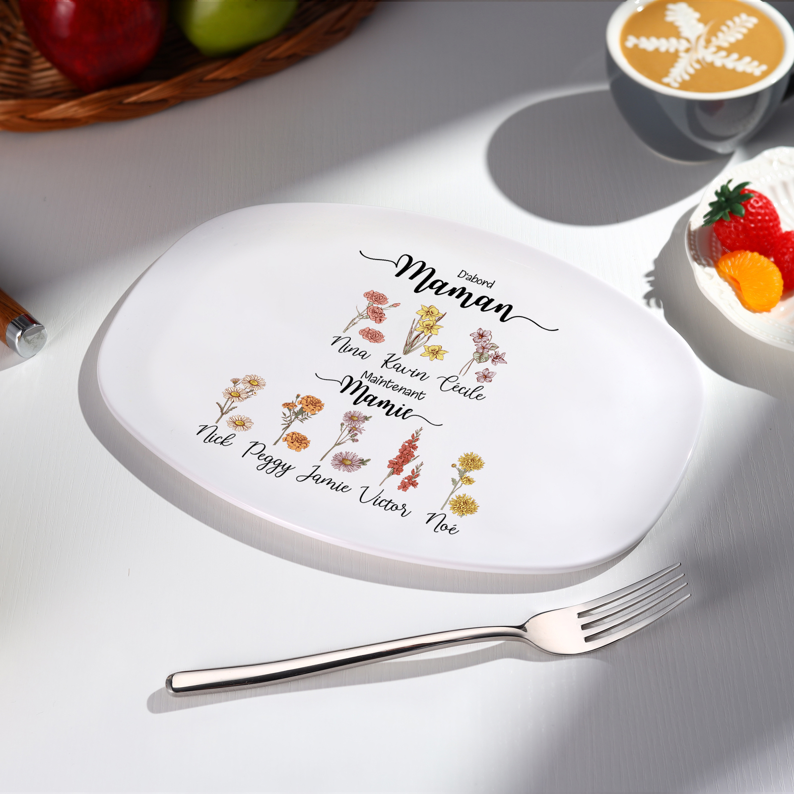 Assiette Ovale Personnalisée Fleurs de Naissance pour Maman/Mamie