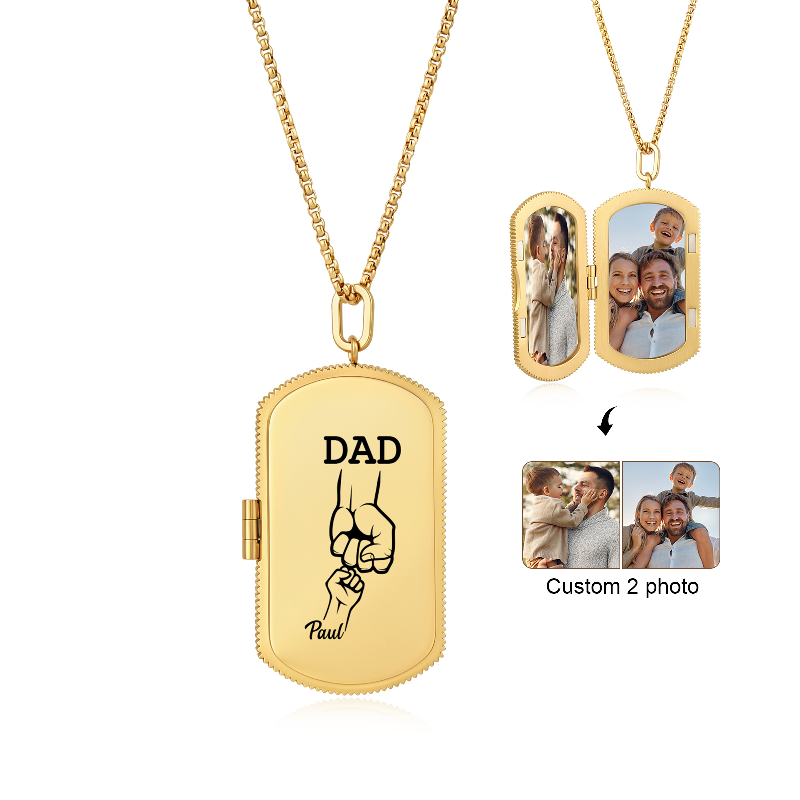 Collier Médaillon Photo Personnalisé pour Papa avec 2 à 7 Prénoms et Poings