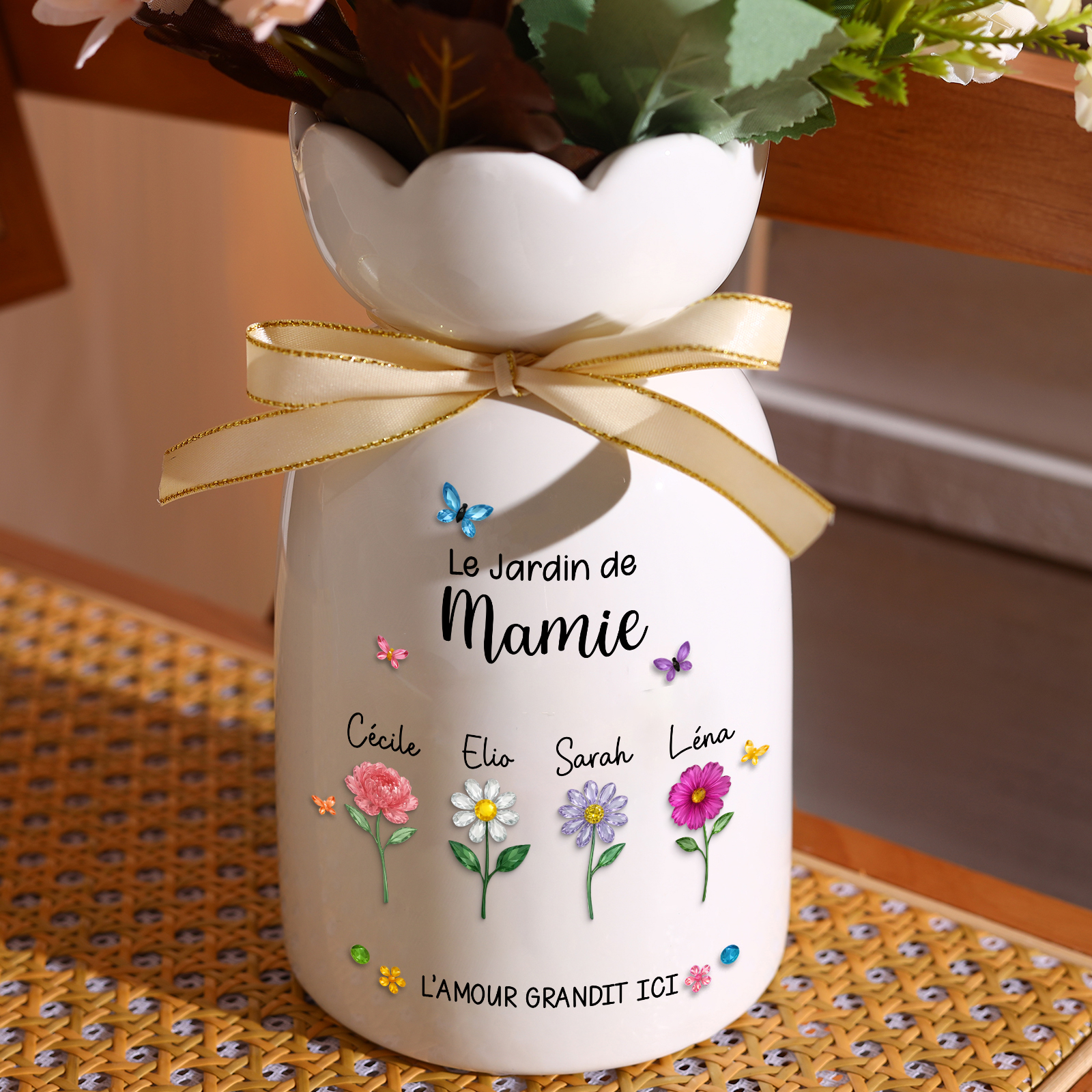 Vase Personnalisé « Le Jardin de Maman/Mamie » avec Prénoms & Fleurs des Enfants – Décoration Cadeau Fête des Mères/Grand-mères