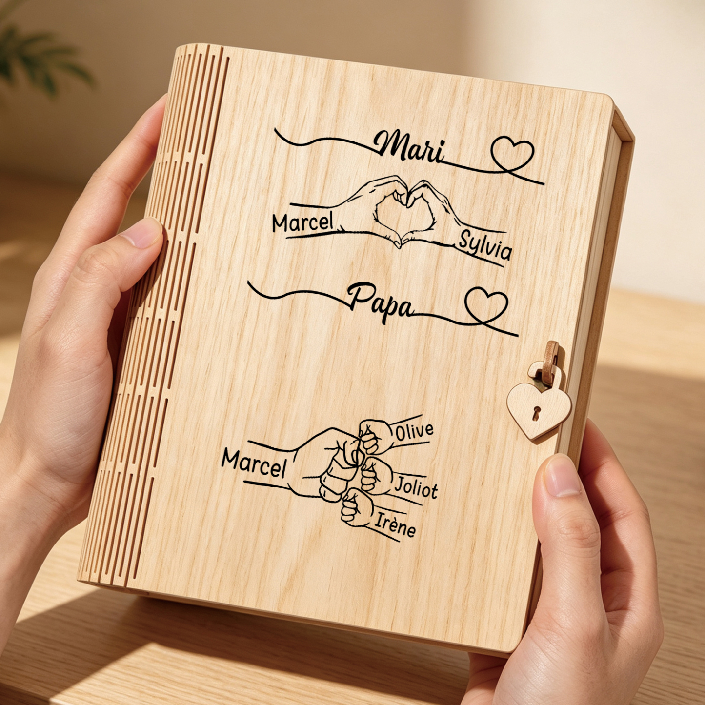 Boîte de Rangement Livre Personnalisée en Bois avec 3–10 Noms et Poings, cadeau de fête des Pères pour Papa