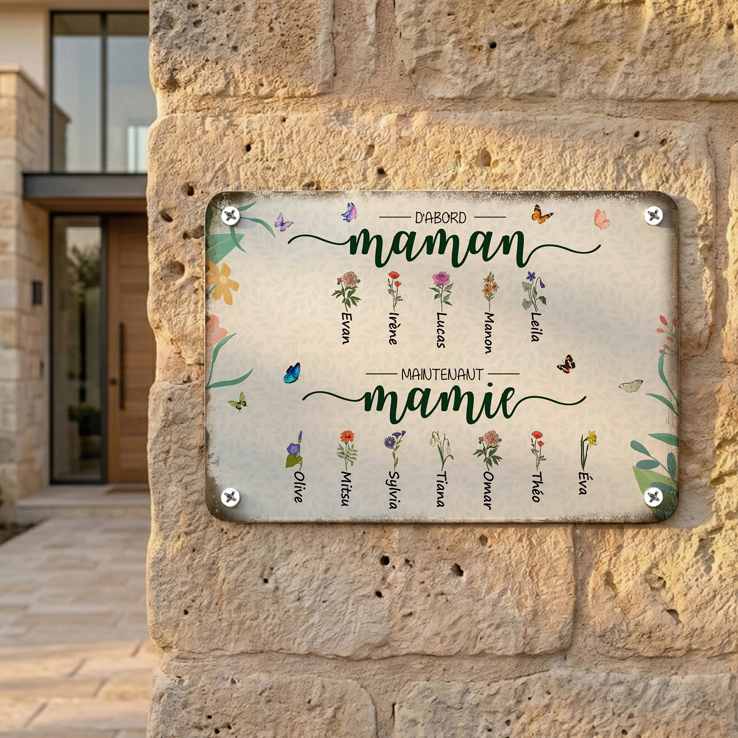 Plaque en Métal Personnalisée avec Prénoms et Fleurs de Naissance « D’abord Maman, maintenant Mamie »