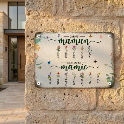Plaque en Métal Personnalisée avec Prénoms et Fleurs de Naissance « D’abord Maman, maintenant Mamie »