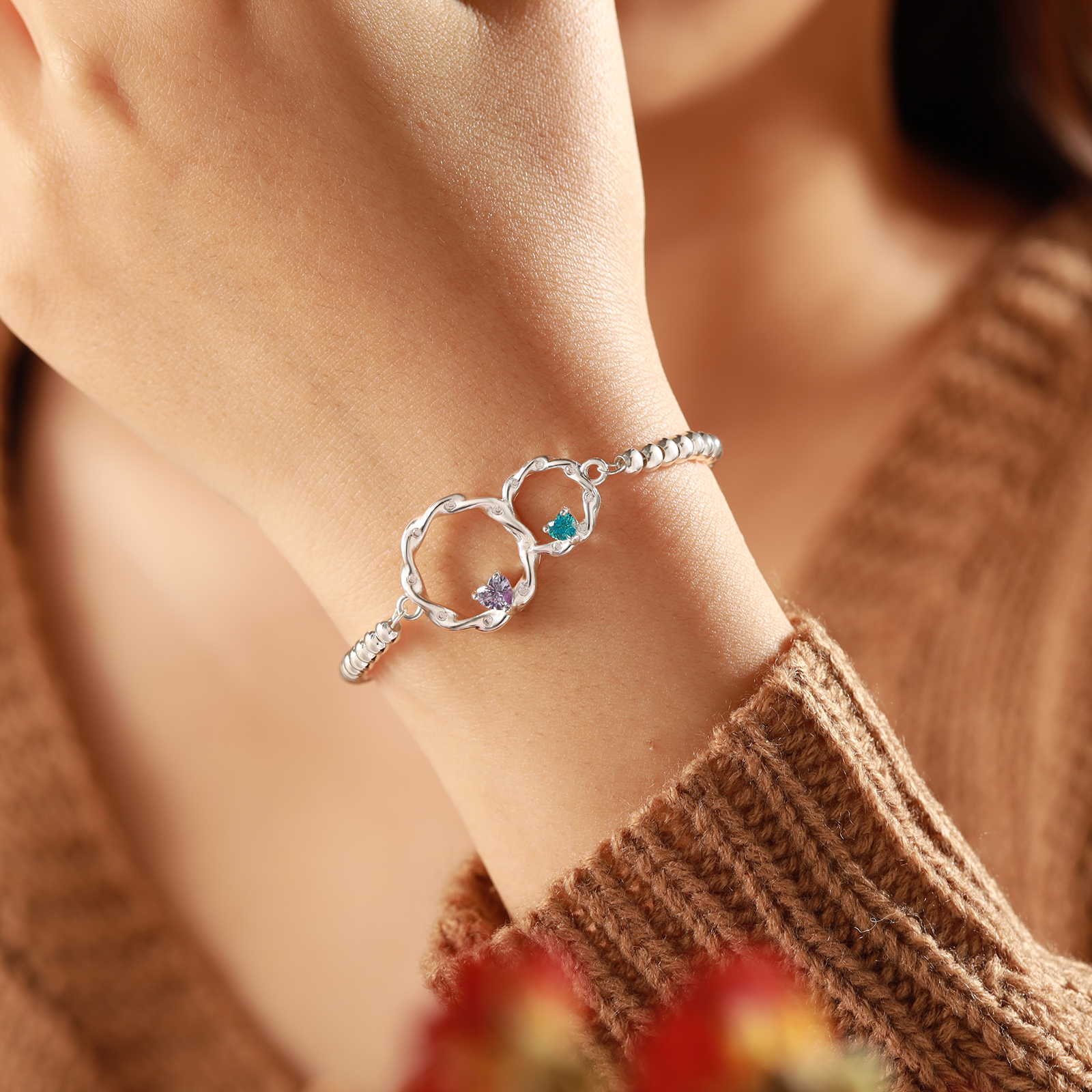 Bracelet Mère-Fille Personnalisé avec Cercles Entrelacés et 2 Pierres de naissance