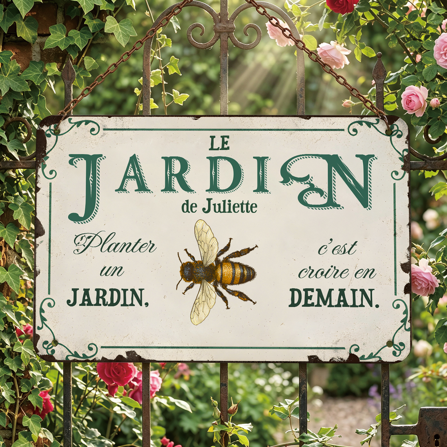 Plaque de Jardin Personnalisée en Métal avec Prénom et Citation au Choix – Décoration Murale Vintage
